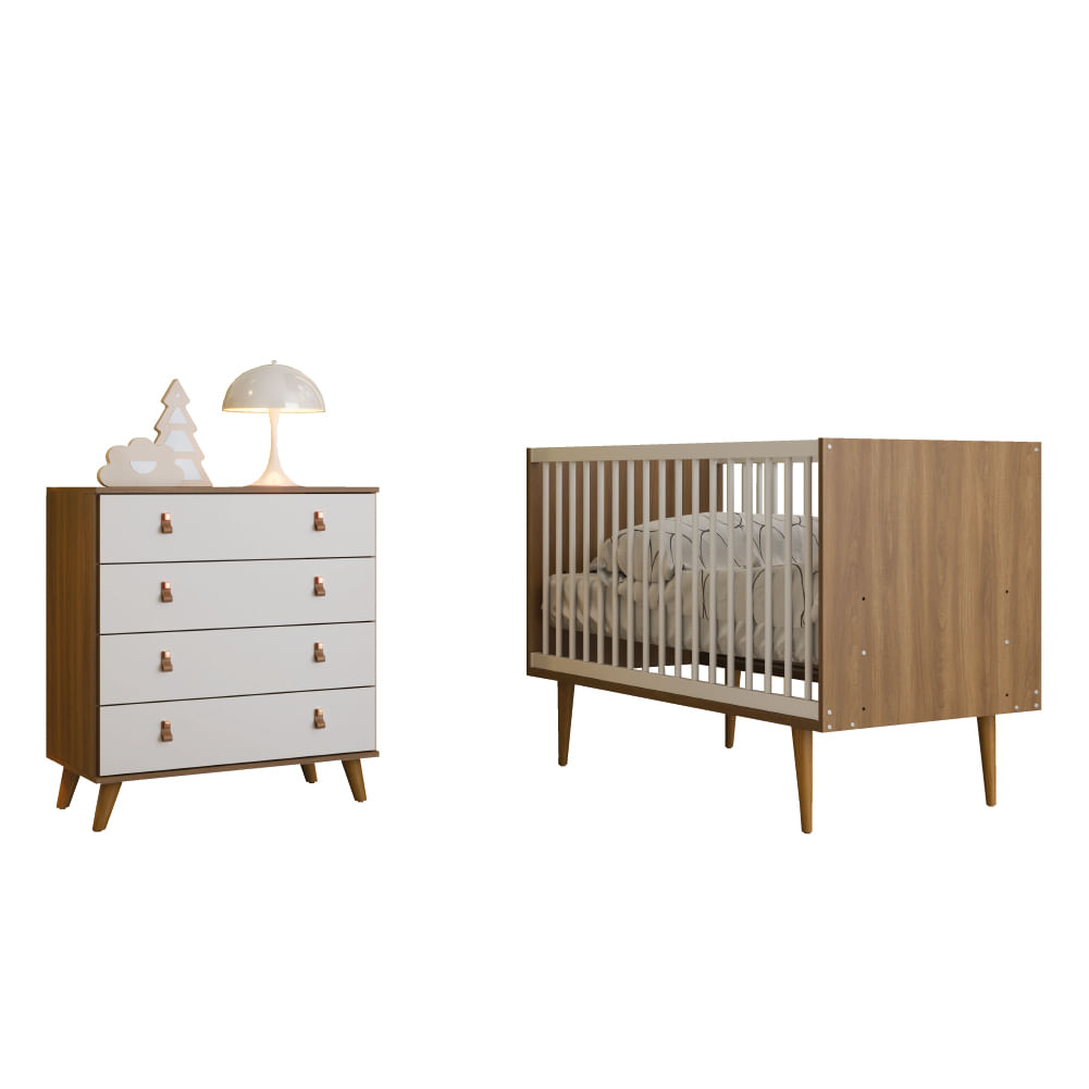 Dormitório Infantil Berço Americano E Cômoda Para Quarto Bebê Encanto Madeirado / Branco Batrol