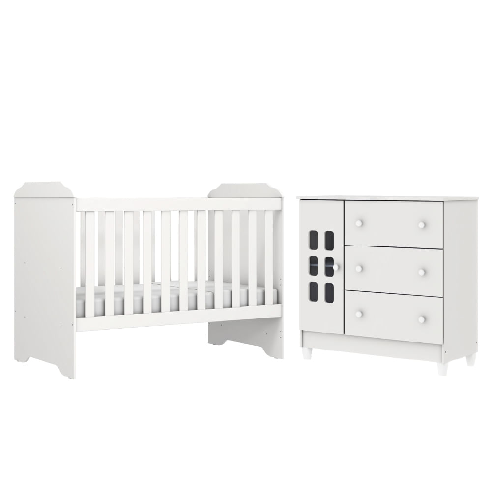 Dormitório Infantil Berço Americano Mini Cama 3 Em 1 Helena E Cômoda Luna Para Quarto Bebê Branco Carolina Baby