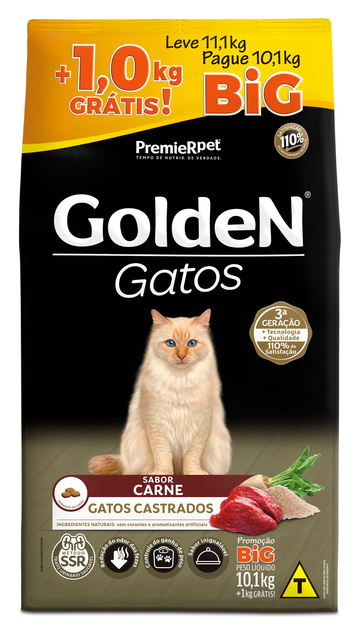 Ração Golden Gatos Adultos Castrados Carne 11,1kg Bônus Bag