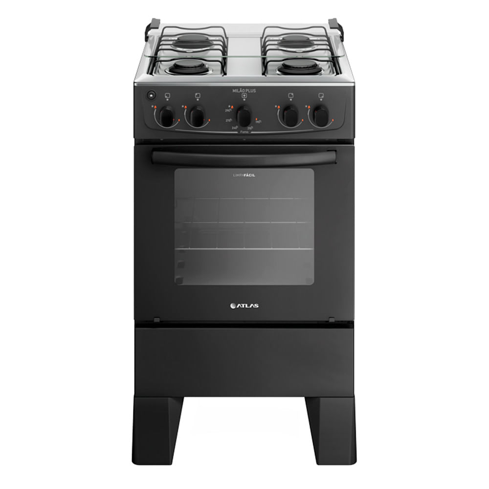 Fogão 4 Bocas Preto Com Mesa Inox Atlas Milão Plus