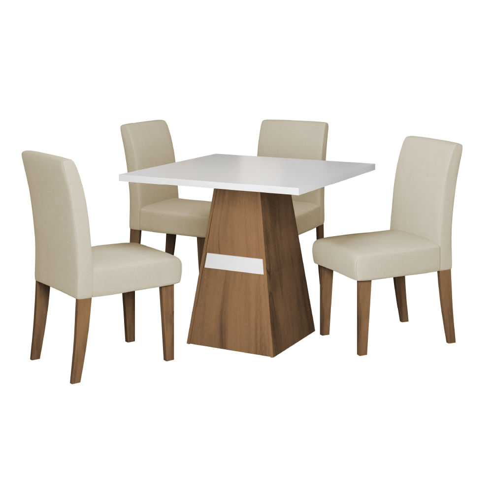 Conjunto De Mesa Sala De Jantar Trieste 0,90m Quadrada Com 4 Cadeiras Estofado Suede Madeirado/off White