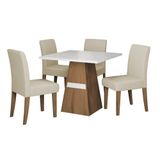 Conjunto De Mesa Sala De Jantar Trieste 0,90m Quadrada Com 4 Cadeiras Estofado Suede Madeirado