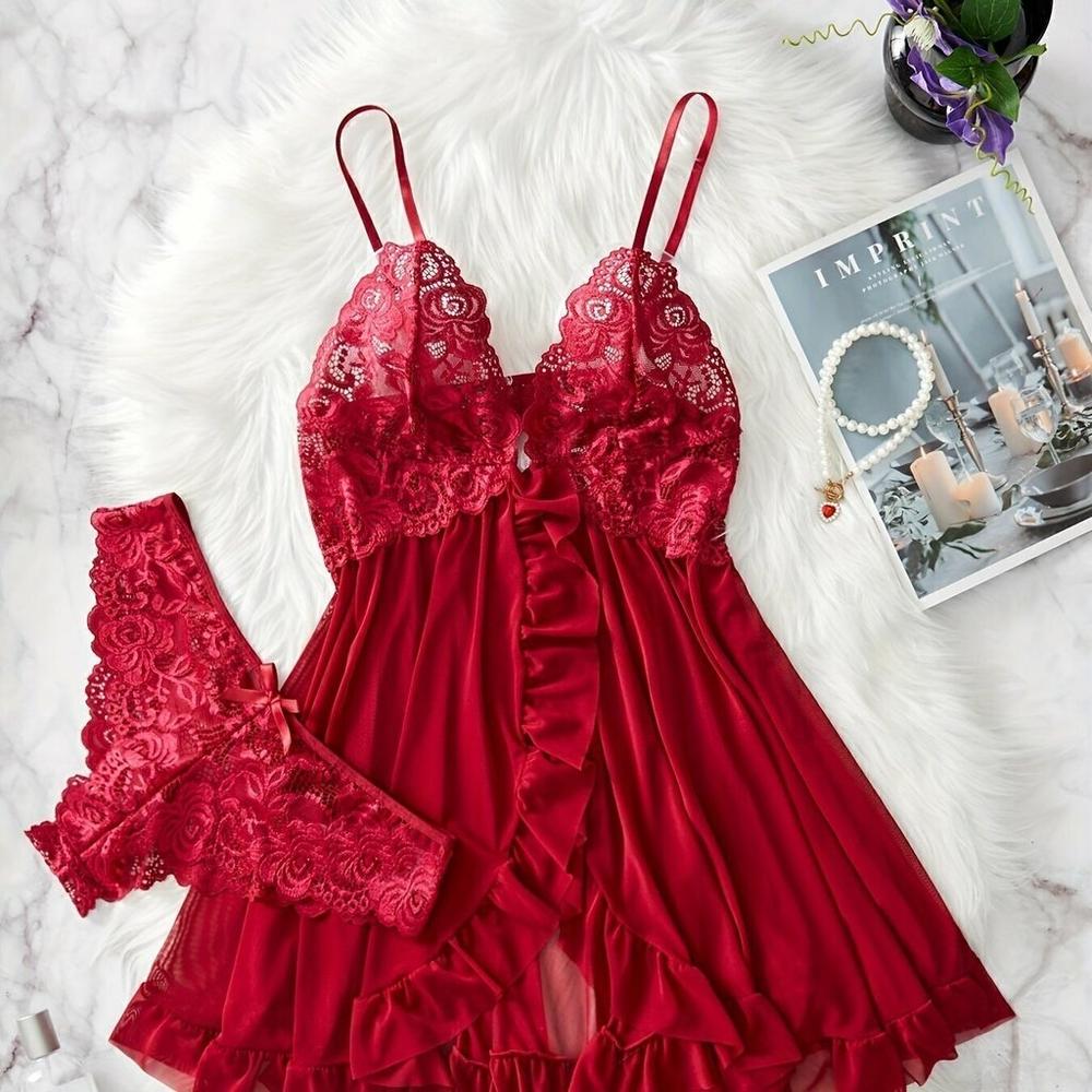 Lingerie Com Babados Renda E Decote Profundo Elashopp Borgonha P