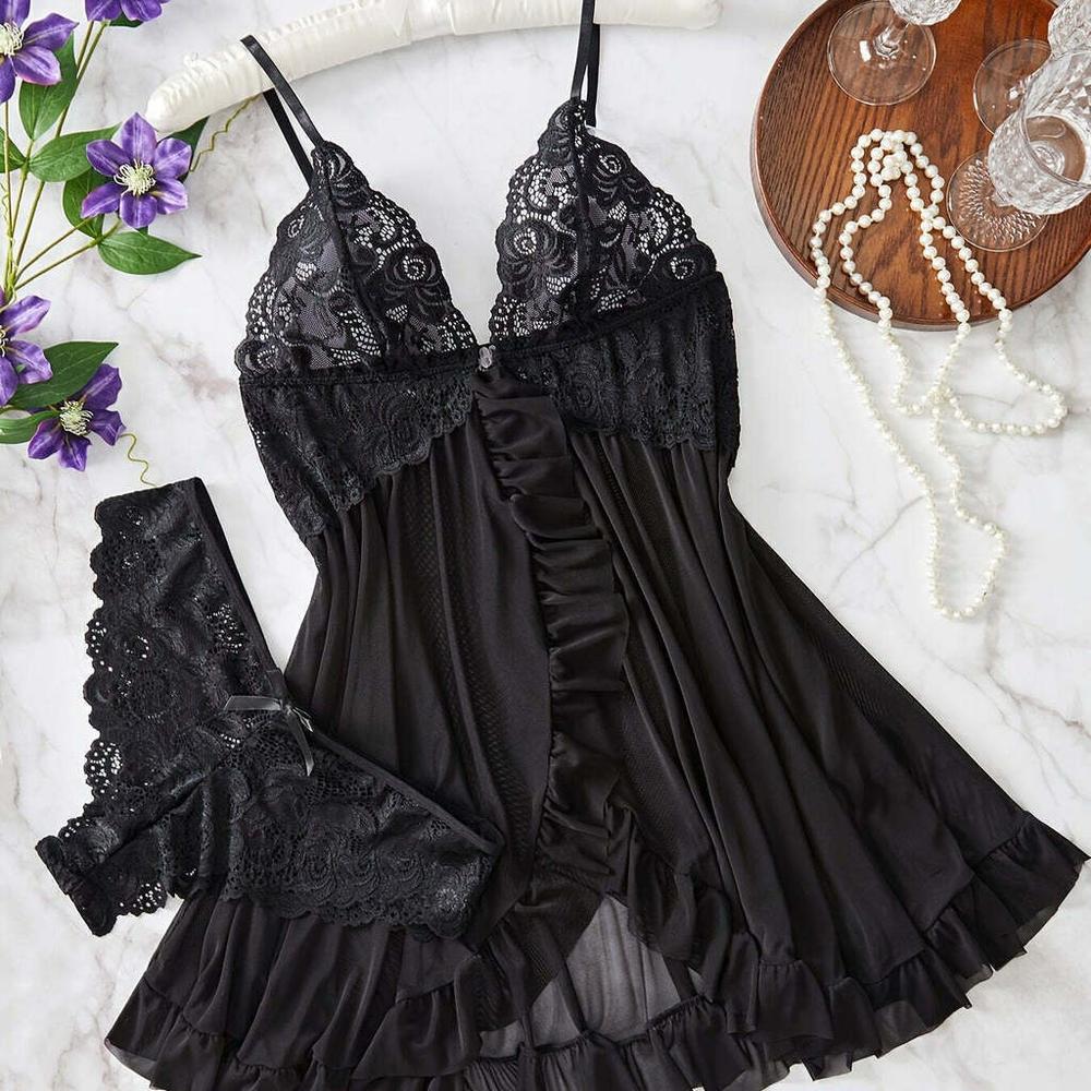 Lingerie Com Babados Renda E Decote Profundo Elashopp Preto Gg