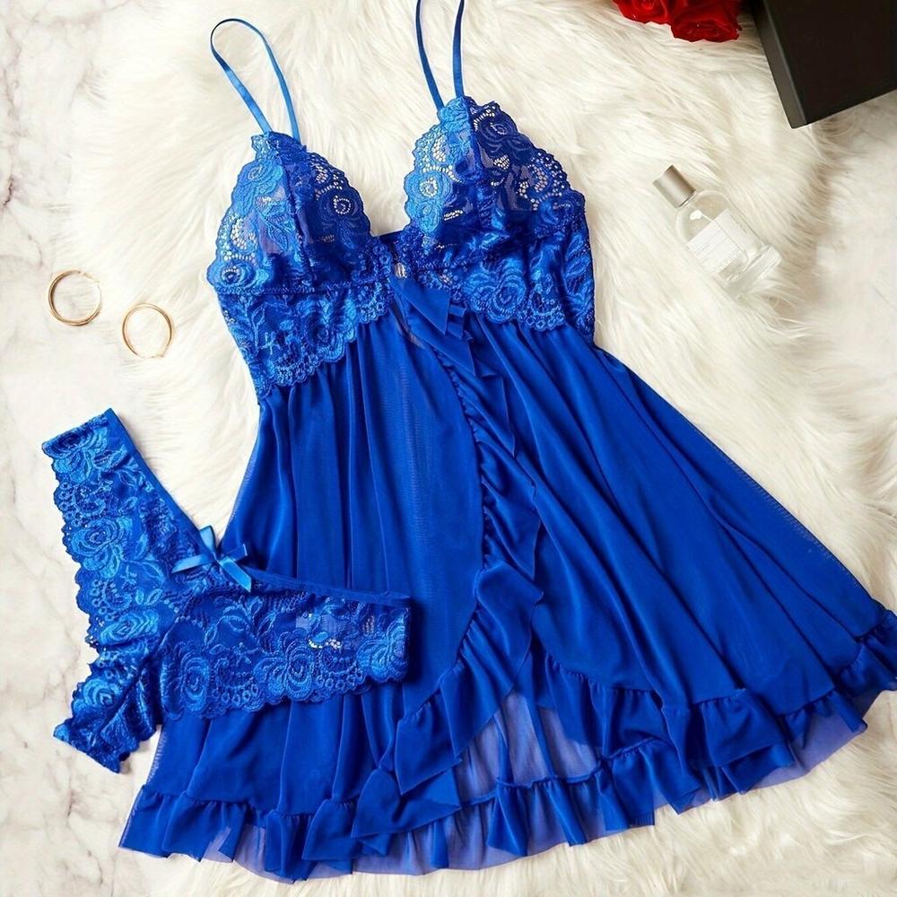 Lingerie Com Babados Renda E Decote Profundo Elashopp Azul Real M