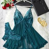 Lingerie Com Babados Renda E Decote Profundo Elashopp Azul Pavão P