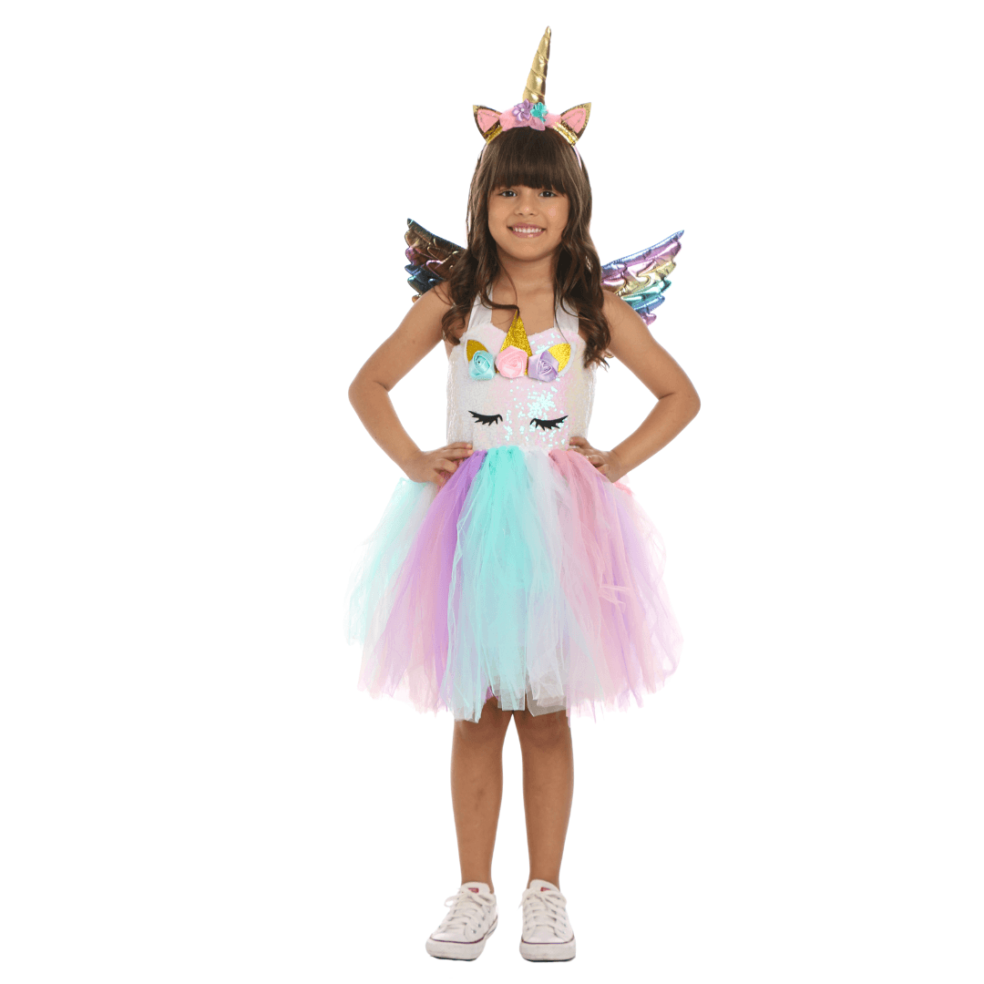 Fantasia De Unicórnio Infantil Vestido De Paetê E Tule Com Asa E Tiara Led M