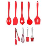 Jogo Colheres Utensílios Silicone Maciço Vermelho 9 Peças