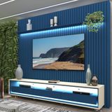 Rack Com Painel Ripado Para Tv Até 85 Polegadas Led 3 Gavetas Com Rodízios 230cm Naturale Azul Royal/off White