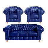 Conjunto De Sofá 3 Lugares E 2 Poltronas Chesterfield Luís Xv Azul