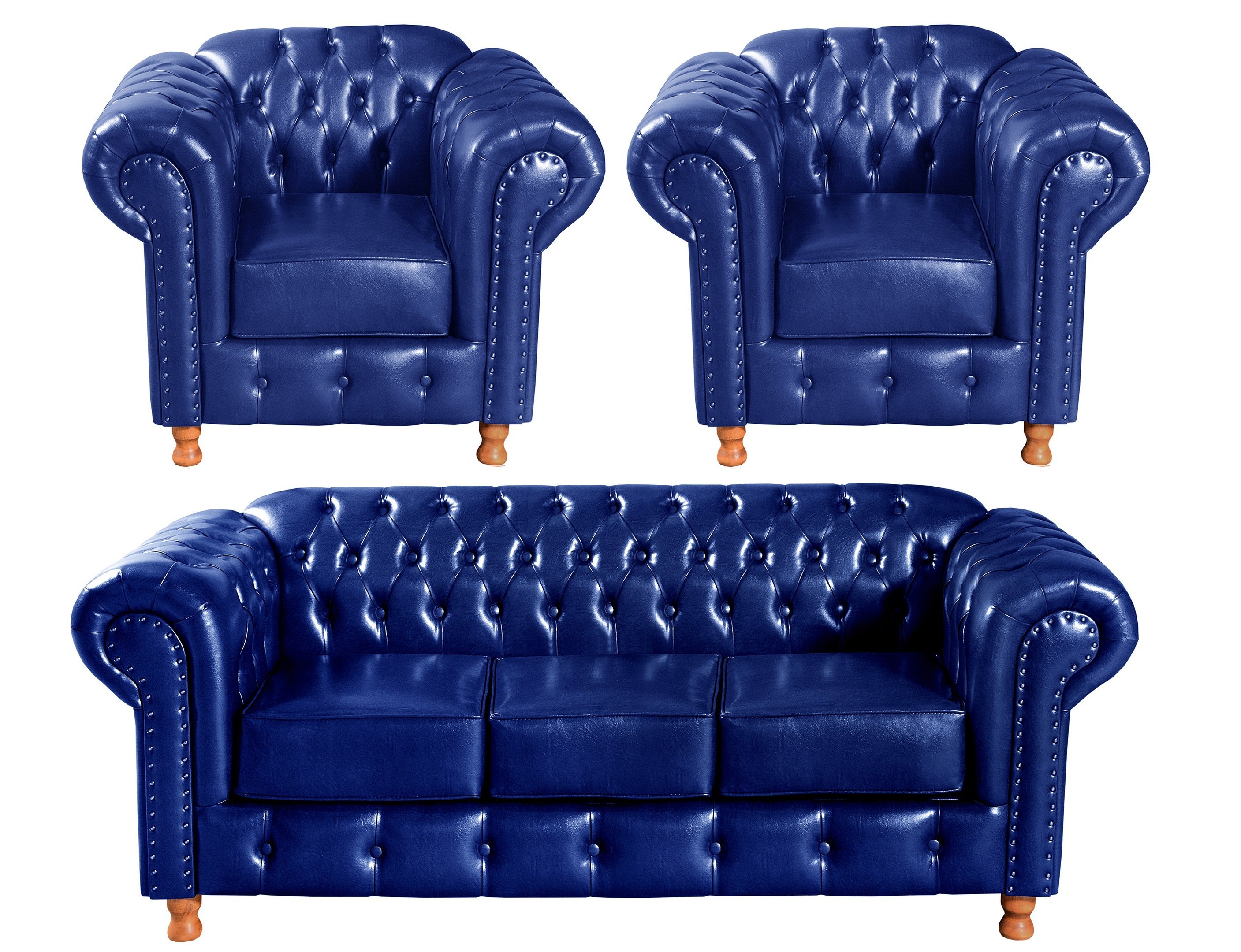 Conjunto De Sofá 3 Lugares E 2 Poltronas Chesterfield Luís Xv Azul