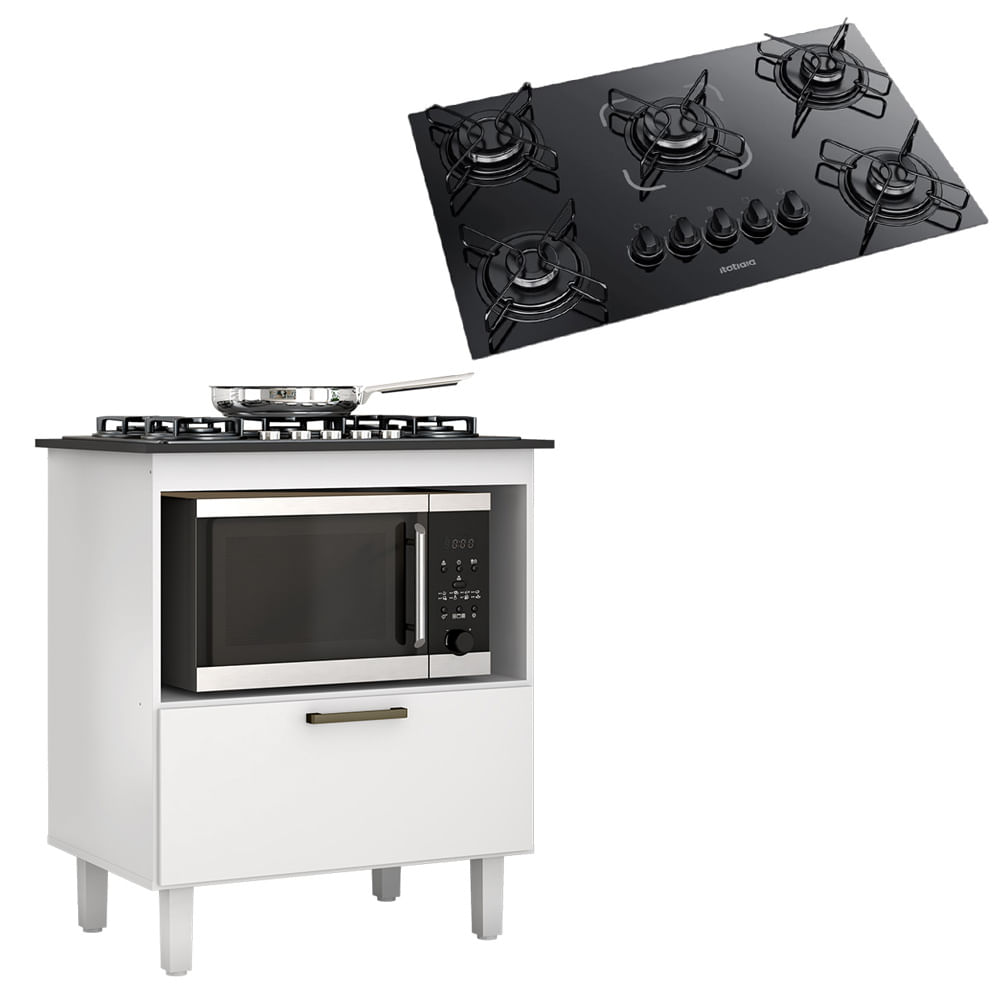 Kit Balcão Cooktop Zanzini Italia Branco 1 Porta E Fogão Cooktop Essencial 5 Bocas Itatiaia Preto