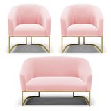 Namoradeira E 2 Poltronas Base Industrial Dourado Stella Suede D03 - D&#39;rossi Cor Rosa Bebê