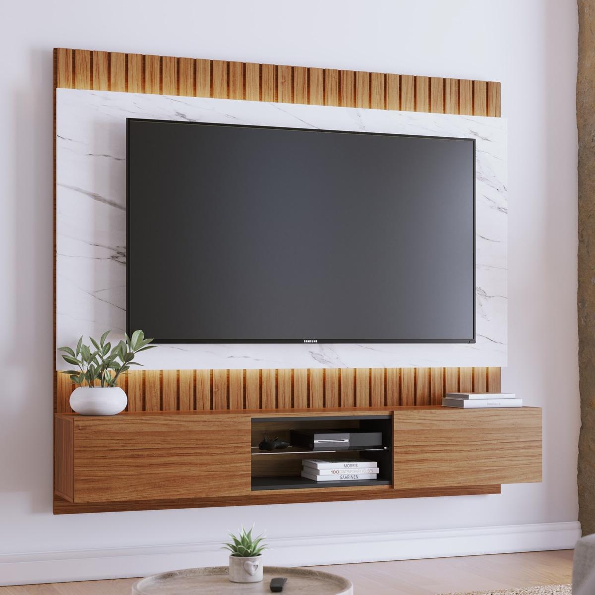 Painel Home Suspenso Com Led Para Tv&#39;s 70&quot; Búzios - Noce Milano / Preto Fosco / Calacatta