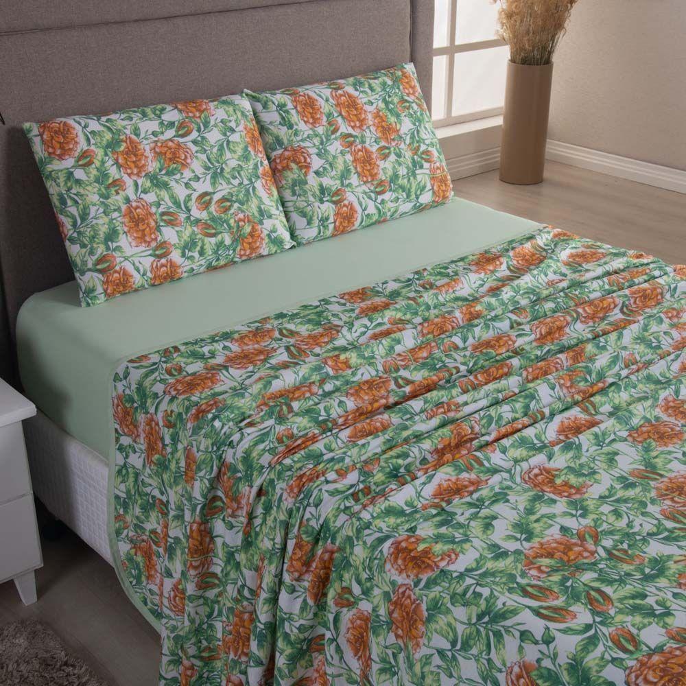 Jogo Cama Lençol Sonnet Casal Padrão Malha Estampada 100% Algodão 4 Peças - Floral - Verde