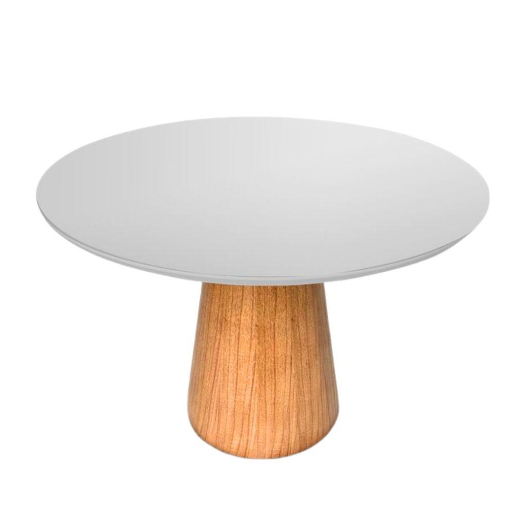 Mesa De Jantar Cone Redonda 120 Cm Base Madeira Freijó Tampo Laqueado Branco