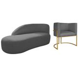 Kit Divã Luna 160cm Lado Esquerdo E 01 Poltrona Base De Ferro Dourado Linho Cinza Escuro