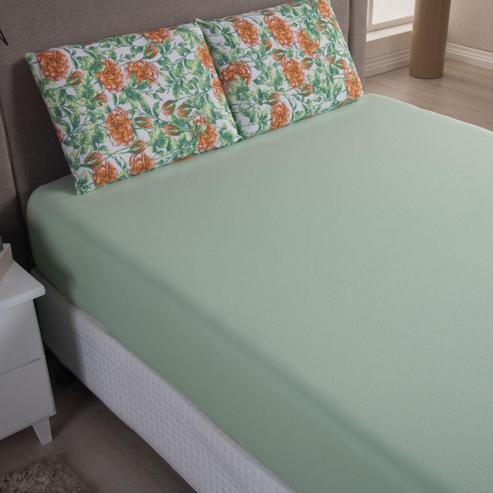 Jogo Cama Lençol Sonnet Casal Padrão Malha Estampada 100% Algodão 3 Peças - Floral - Verde