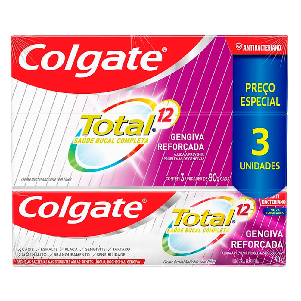 Kit Creme Dental Colgate Total 12 Gengiva Reforçada 90g - 3 Unidades