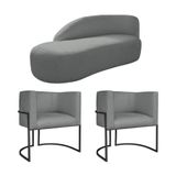 Kit Divã Luna 185cm Lado Esquerdo E 02 Poltronas Base De Ferro Preto Suede Cinza