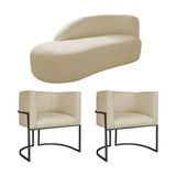 Kit Divã Luna 160cm Lado Esquerdo E 02 Poltronas Base De Ferro Preto Suede Bege