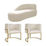 Kit Divã Luna 160cm Lado Esquerdo E 02 Poltronas Base De Ferro Dourado Linho Bege