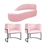 Kit Divã Luna 160cm Lado Esquerdo E 02 Poltronas Base De Ferro Preto Suede Rosa Bebê