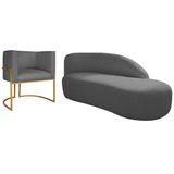 Kit Divã Luna 160cm Lado Direito E 01 Poltrona Base De Ferro Dourado Linho Cinza Escuro