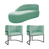 Kit Divã Luna 185cm Lado Esquerdo E 02 Poltronas Base De Ferro Preto Suede Azul Tiffany