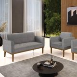 Conjunto Poltrona E Namoradeira Decorativa Pés Fixo Em Madeira Castanho Linho Cinza Mesclado