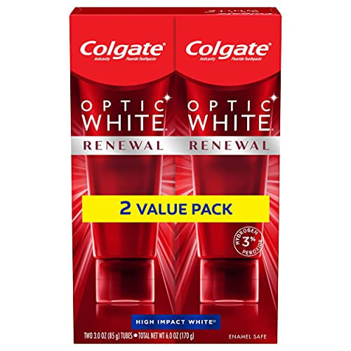 Colgate Optic Renovação Dentes Clareando Pasta De Dente Com Flúor, 3% Peróxido De Hidrogênio, Alto Impacto, Branco, Menta, 6 Oz, 2 Pacote