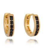 Brinco Feminino De Argola Cravejado Com 1 Fila De Zircônias Pretas Banhado Em Ouro 18k