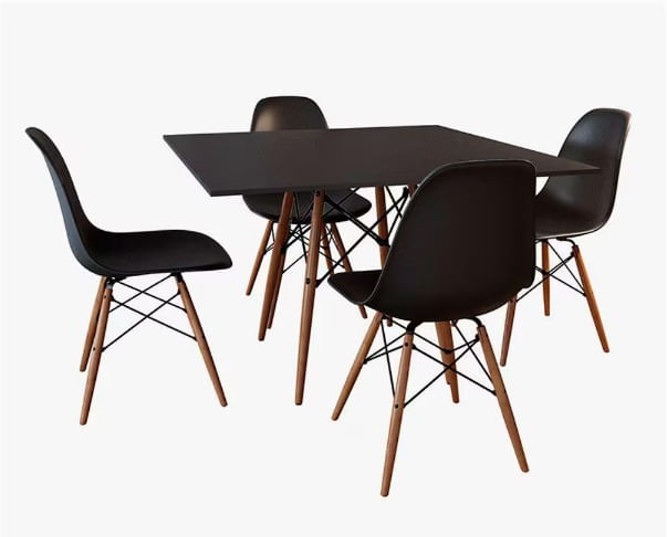 Conjunto De Mesa De Jantar Eames Eiffel Quadrada 90cm Tampo De Madeira Preto Com 4 Cadeiras Pretas