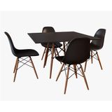 Conjunto De Mesa De Jantar Eames Eiffel Quadrada 90cm Tampo De Madeira Preto Com 4 Cadeiras Pretas