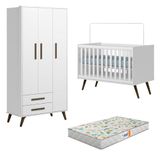 Berço Americano 3820 E Guarda Roupa 3830 Q Encanto Retrô Branco Acetinado Com Colchão Gazin- Qmovi