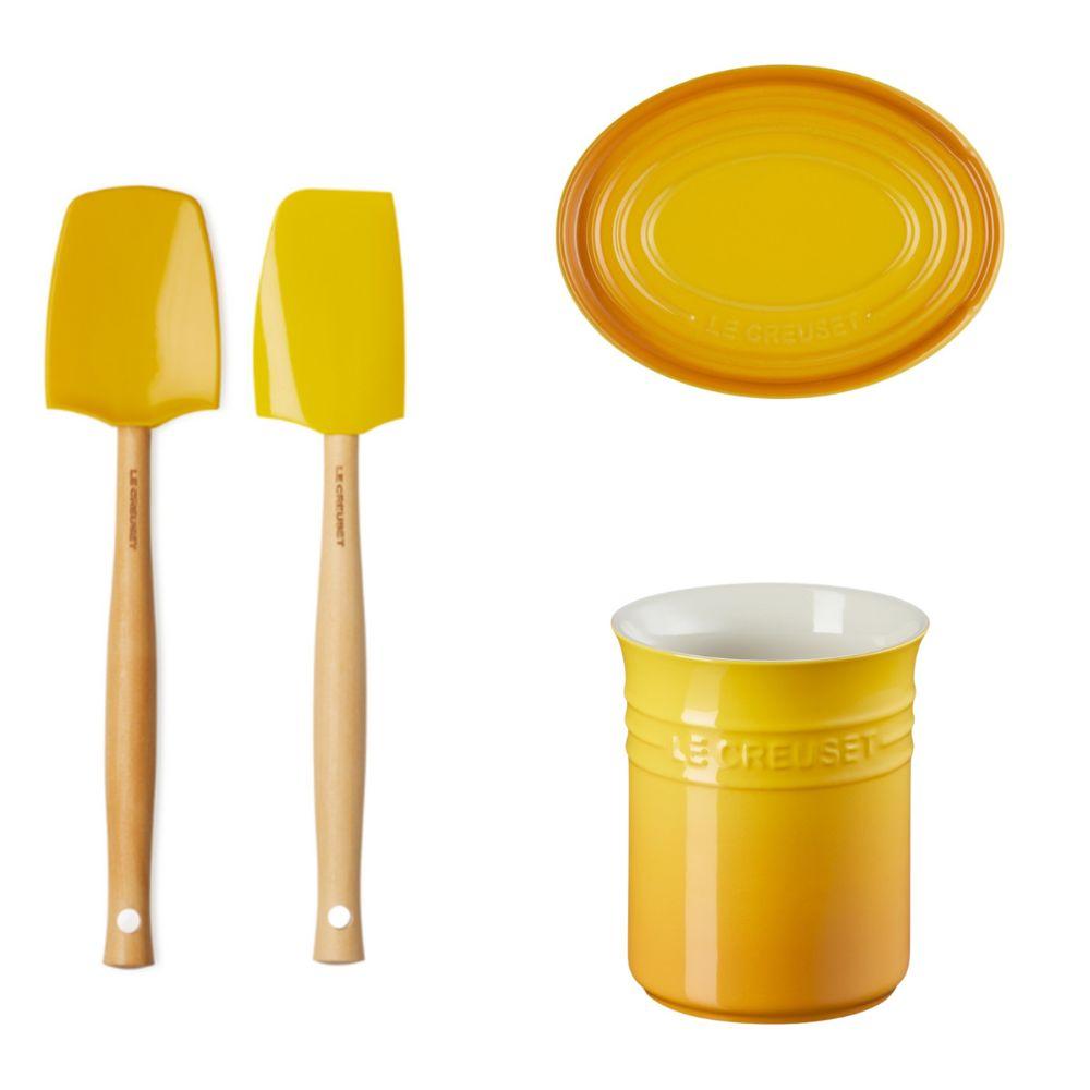 Kit Le Creuset 4 Utensilios Para Cozinha Em Cerâmica Silicone E Madeira Amarelo Nectar