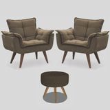 Kit 2 Poltronas Opalas Com Puff Redondo Suede Cappucino