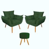 Kit 2 Poltronas Opalas Com Puff Redondo Suede Verde