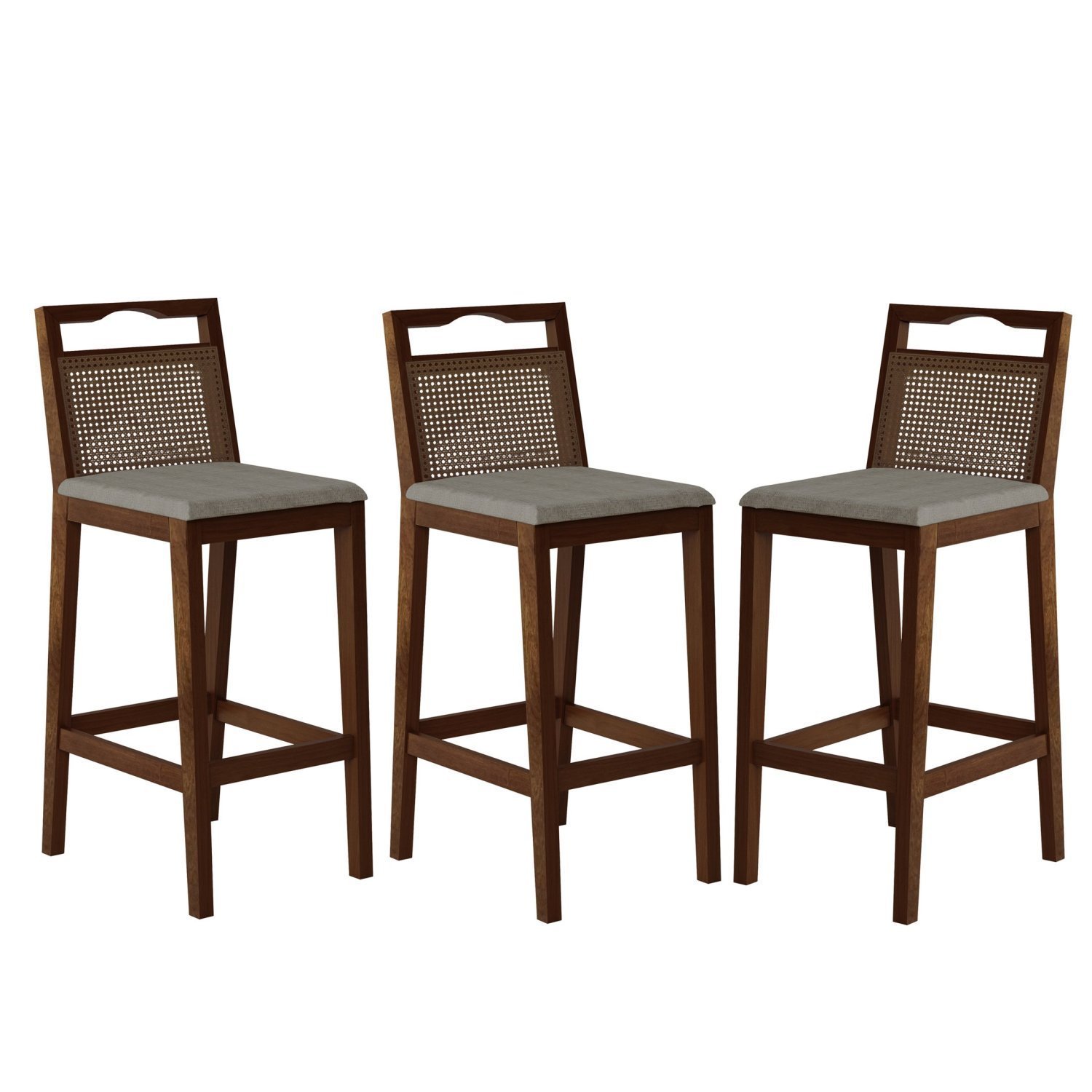 Conjunto Com 3 Banquetas Madeira Maciça Rattan Vittoria Capuccino