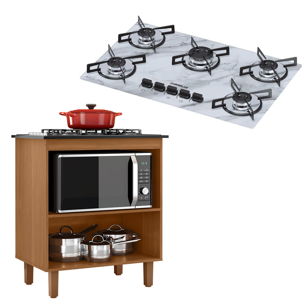 Kit Balcão Cooktop Zanzini Italia Cinamomo Sem Porta E Fogão Cooktop Ultrachama 5 Bocas Branco Efeito Mármore