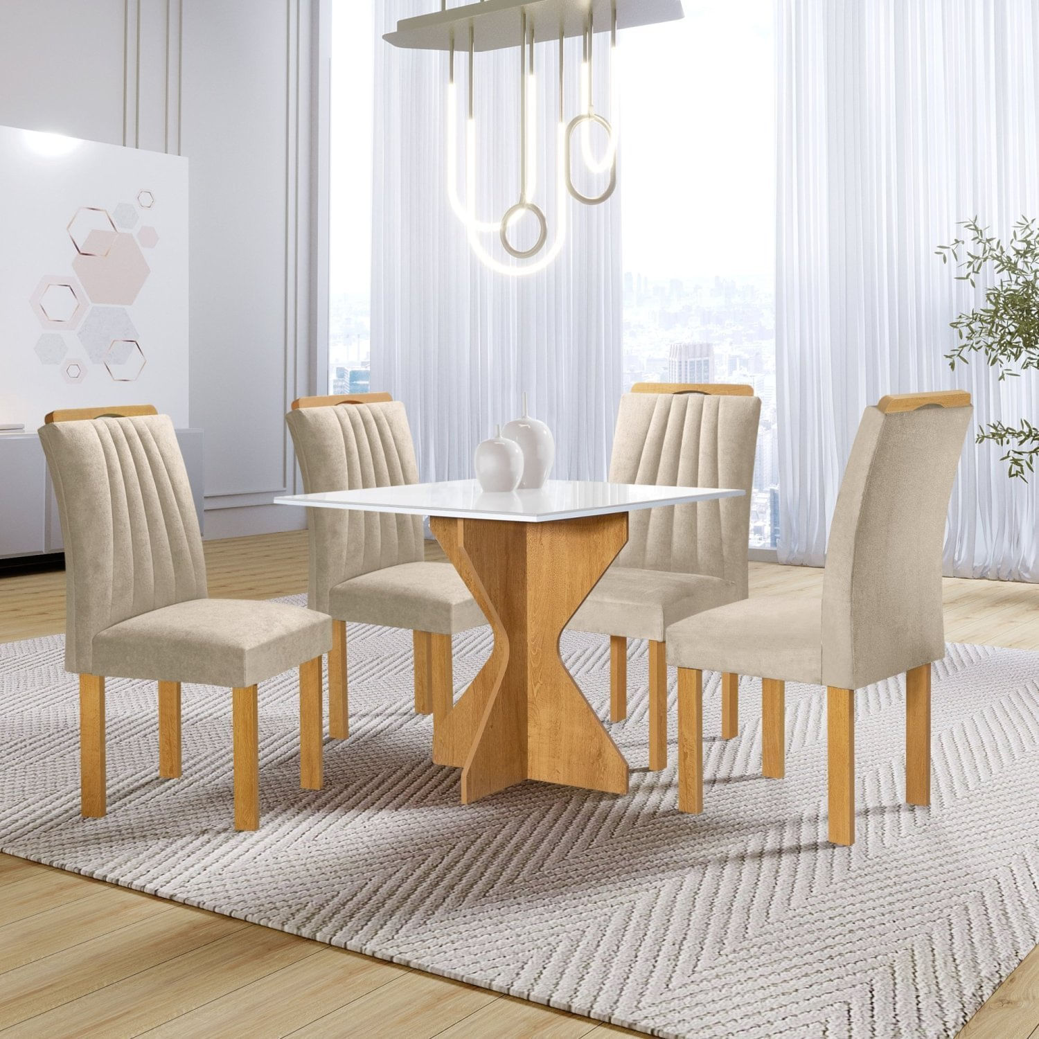 Conjunto Mesa Laura 90cm Com 4 Cadeiras Arizona Tampo Milão Plus Com Vidro Cinamomo/off White/veludo Bege Escuro