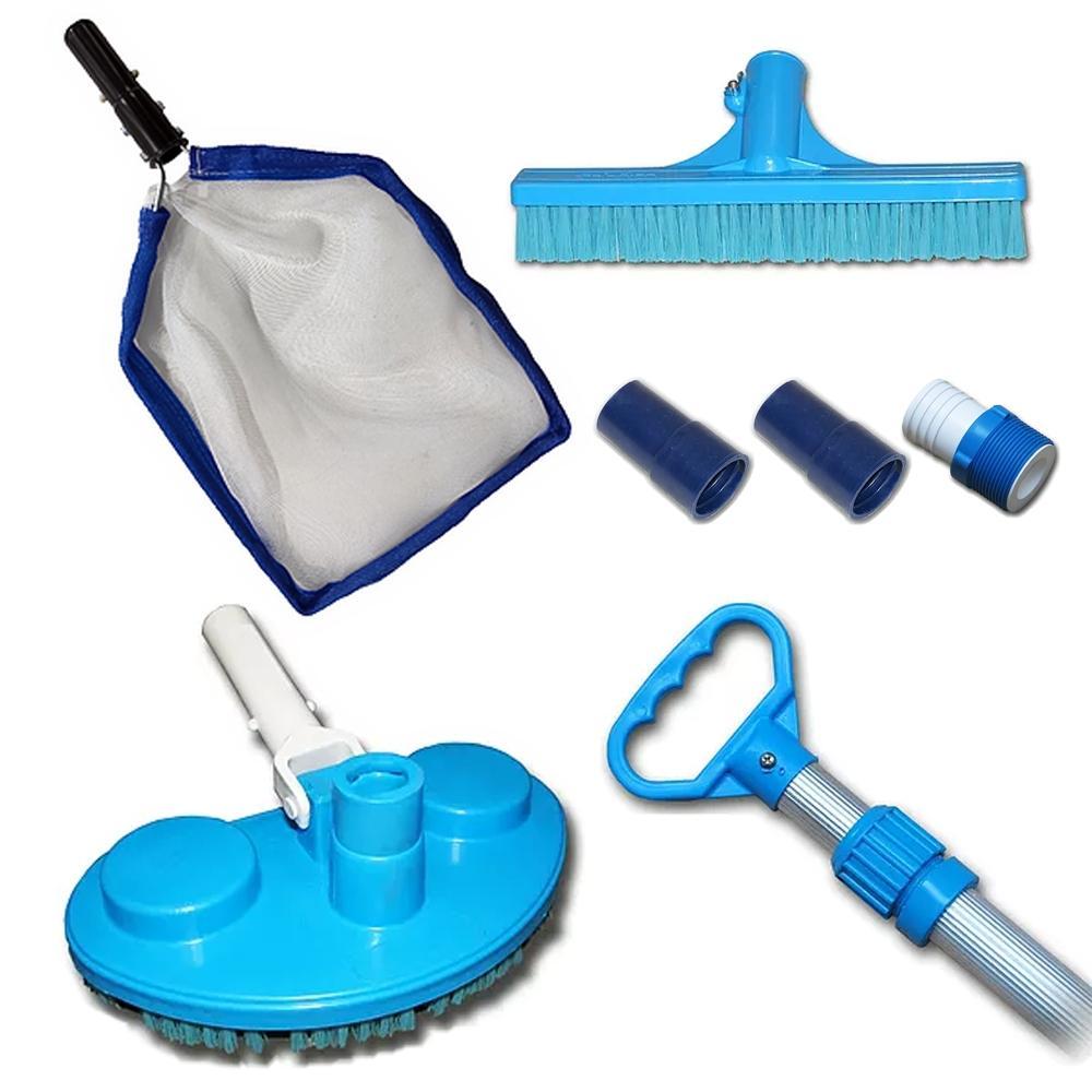 Kit Limpeza Piscina Peneira Aspirador Escova Cabo 140cm