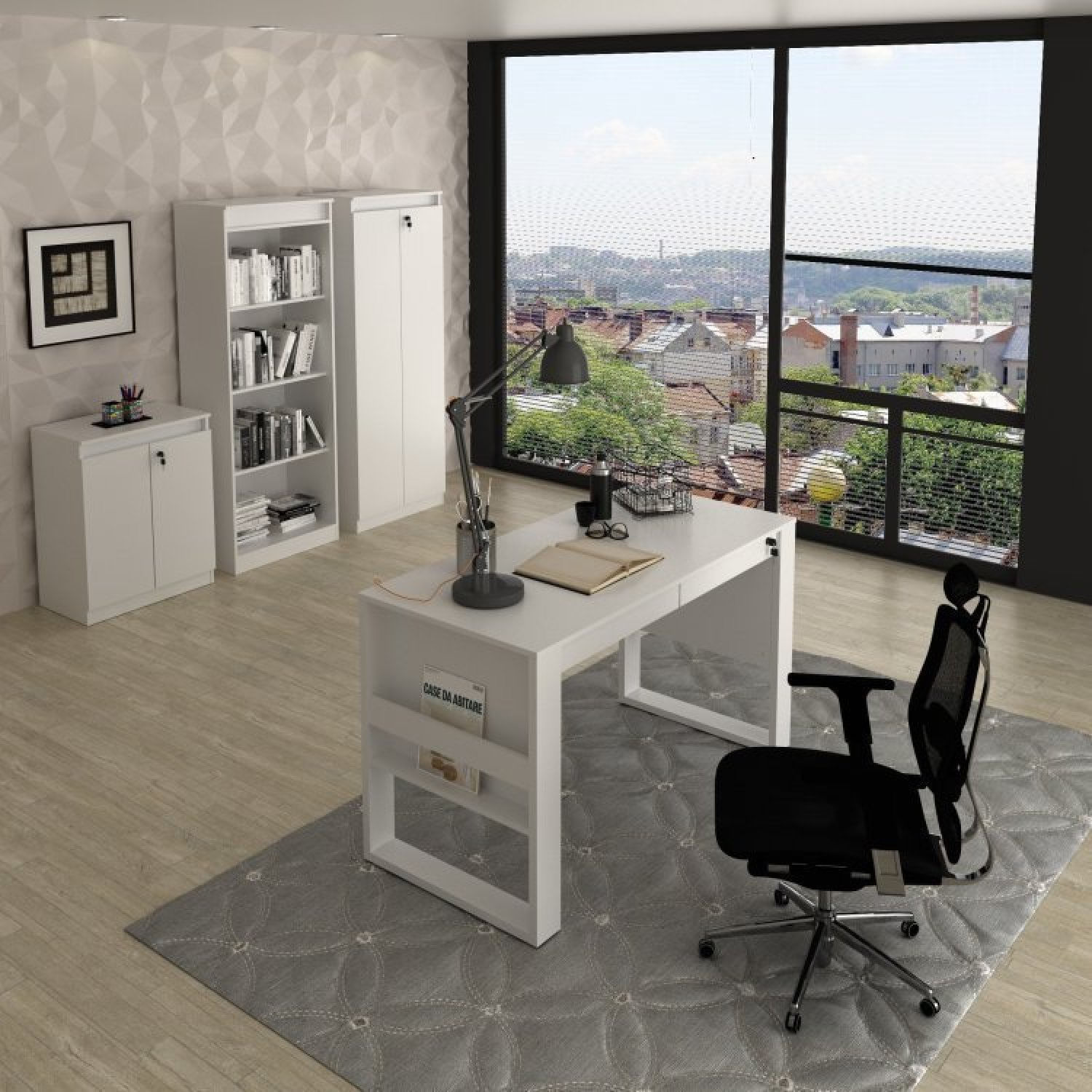 Conjunto Home Office 4 Peças 1 Mesa 127cm 1 Balcão 1 Armário 1 Estante Espresso Móveis Branco