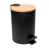 Lixeira Redonda De Metal Com Pedal Tampa Em Bambu Preta 3l
