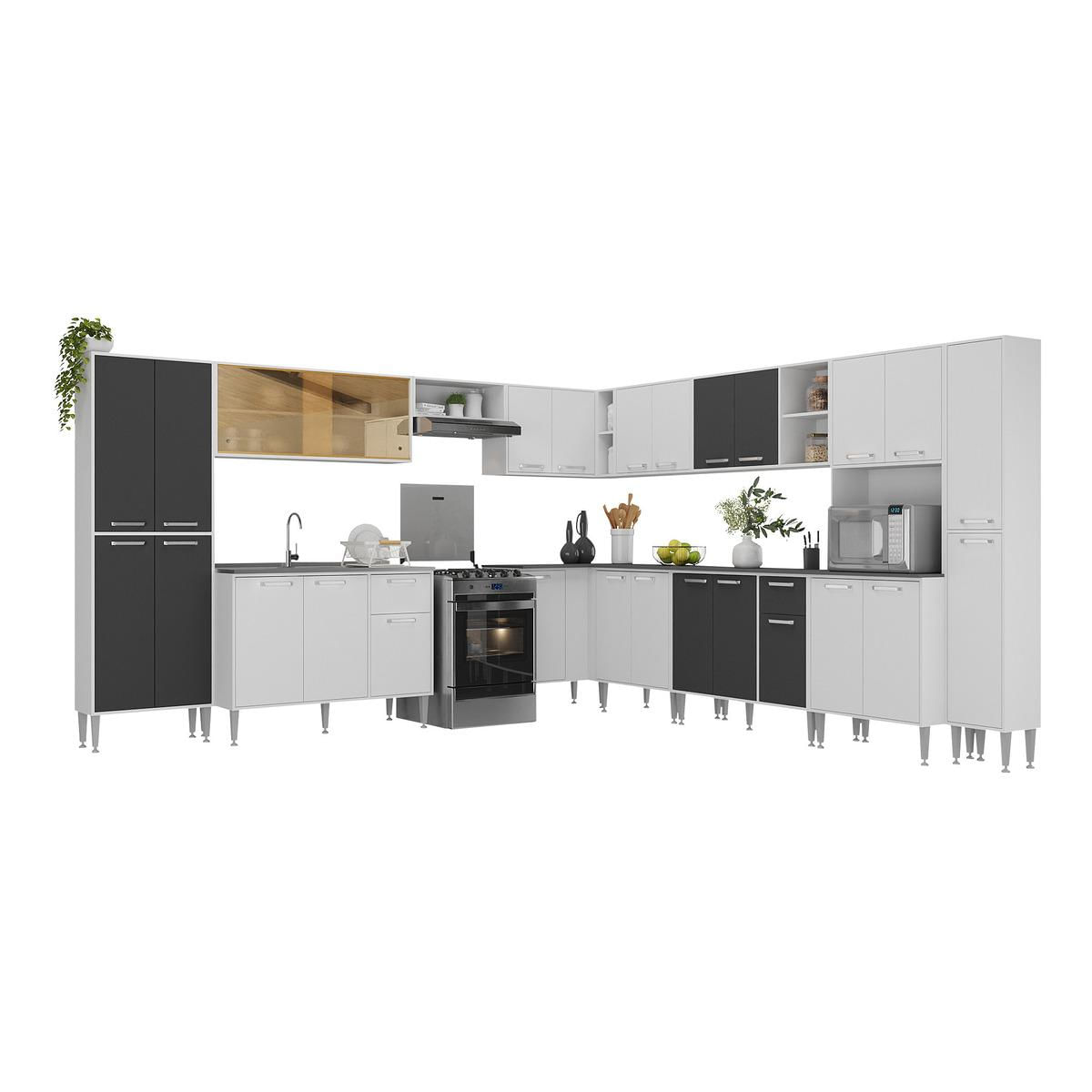 Armário De Cozinha Modulada 12 Pçs Com Balcão De Pia Siena Multimóveis Mp2240 Branco/preto