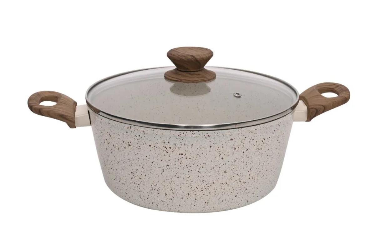 Panela Caçarola Aluminio Cerâmica Antiaderente 24cm Mimo Style Linha Mármol Cook Fundo Triplo Indução 3,8 Litros Com Tampa De Vidro