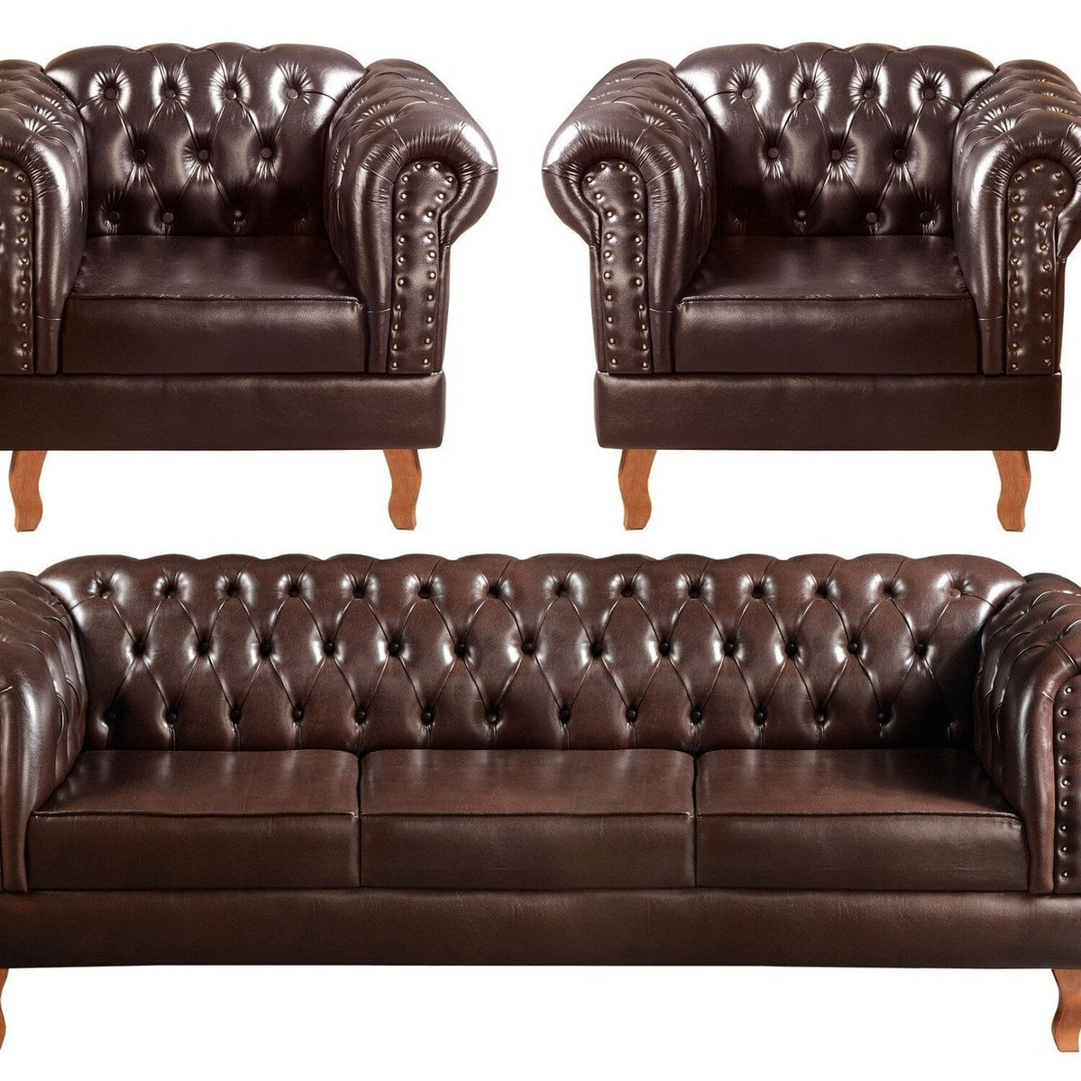 Conjunto Sofá Chesterfield 3 Lugares + 2 Poltronas Dom Pedro Café