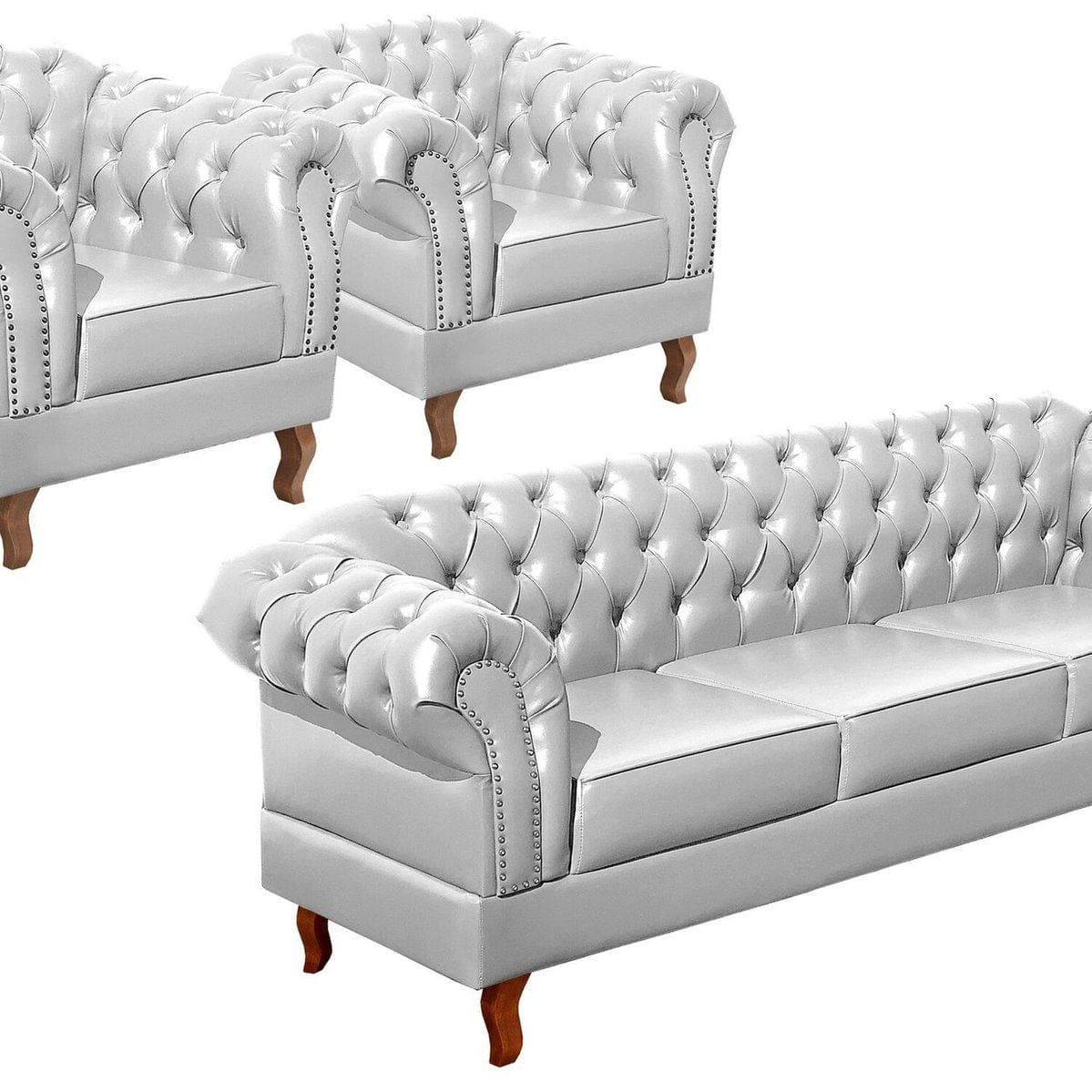 Conjunto Sofá Chesterfield 3 Lugares + 2 Poltronas Dom Pedro Branco