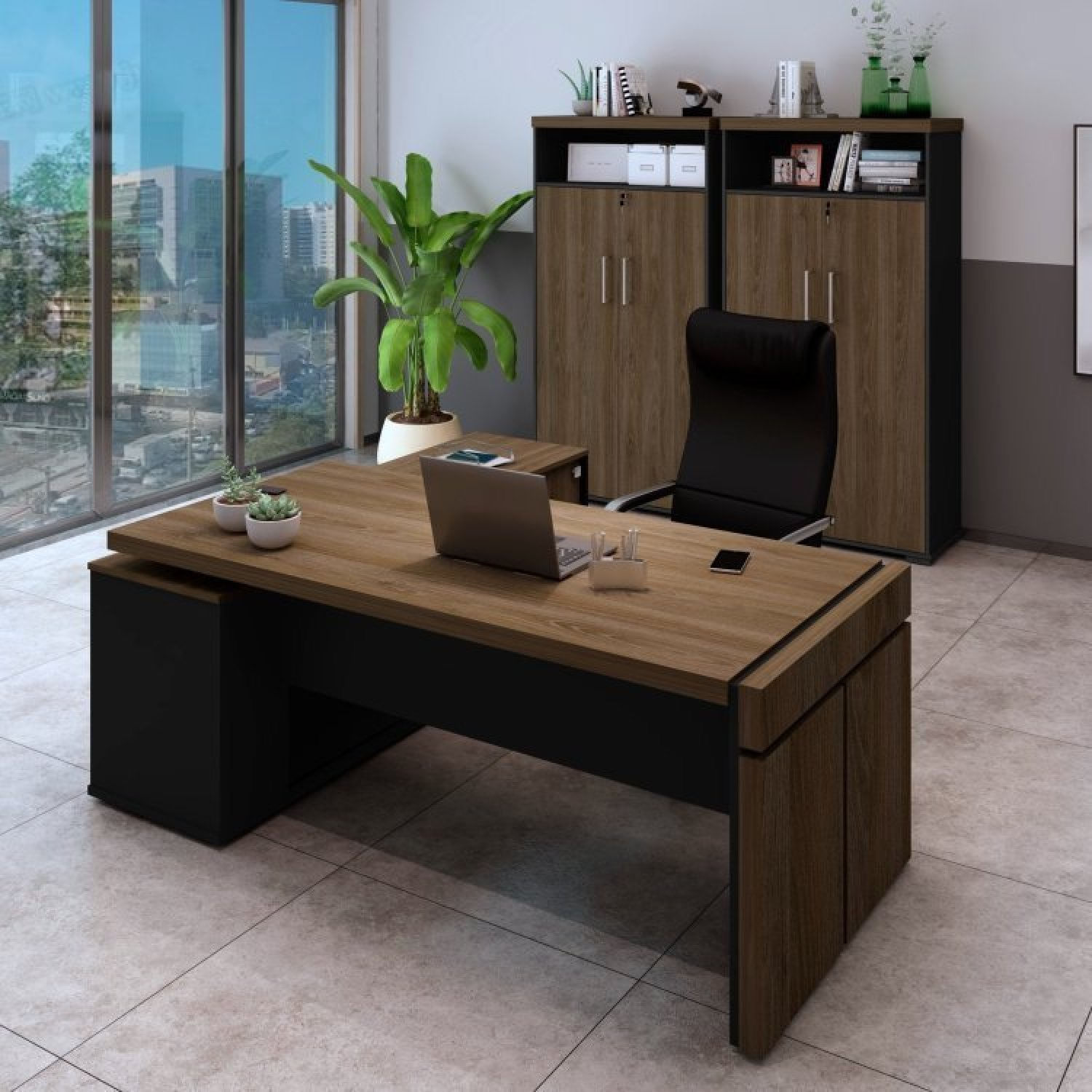 Conjunto Home Office 3 Peças 1 Mesa Em L Diretoria Tampo Tamburato Com 2 Armário Alto Artany Marrom/preto