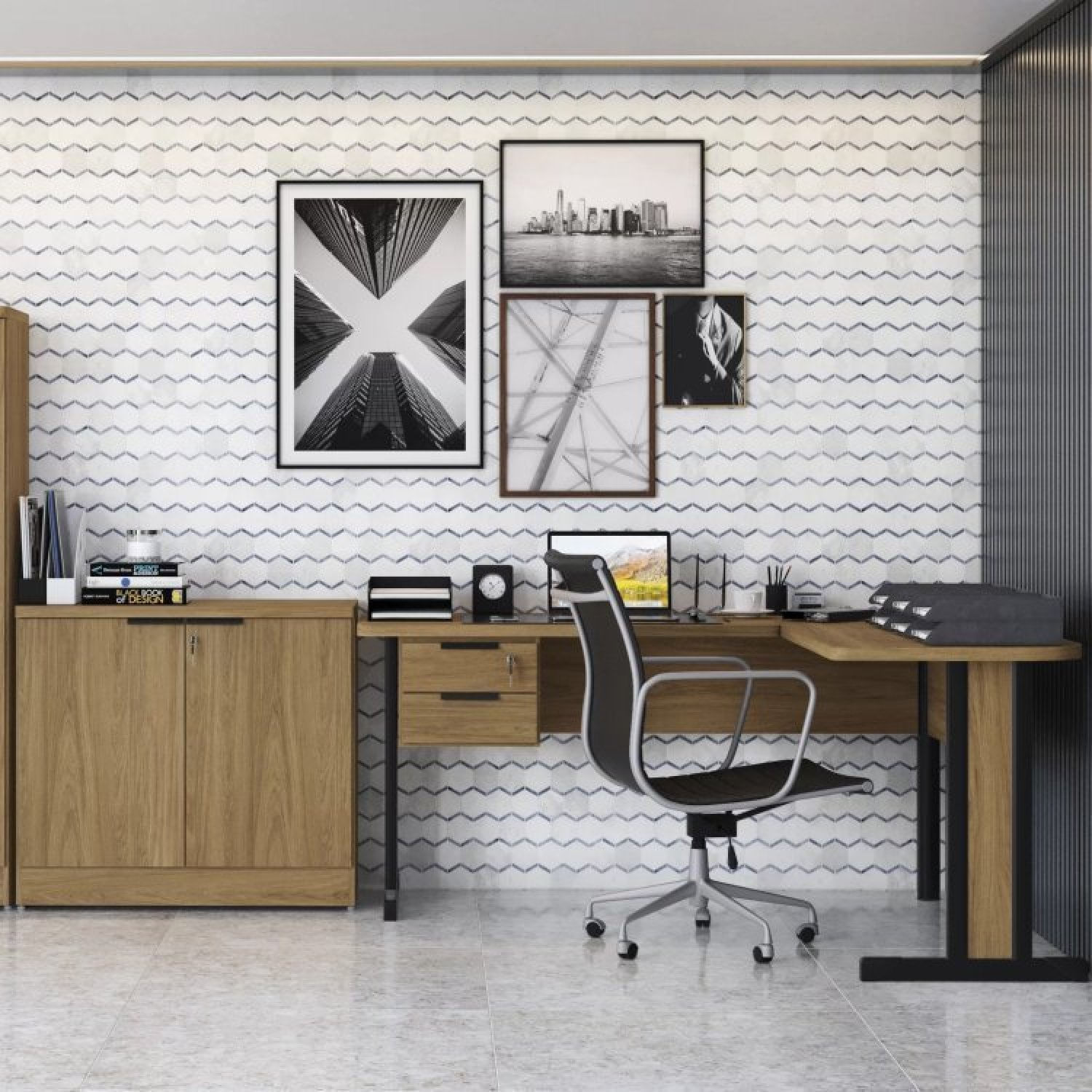 Conjunto Home Office 2 Peças 1 Mesa Em L 2 Gavetas Com 1 Balcão 2 Portas Kappesberg